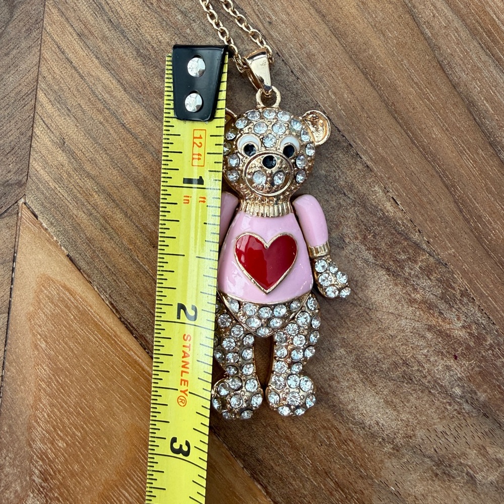 Rhinestone Teddy Bear Necklace Valentine’s Day Long Chain 37” NWT - Picture 3 of 3